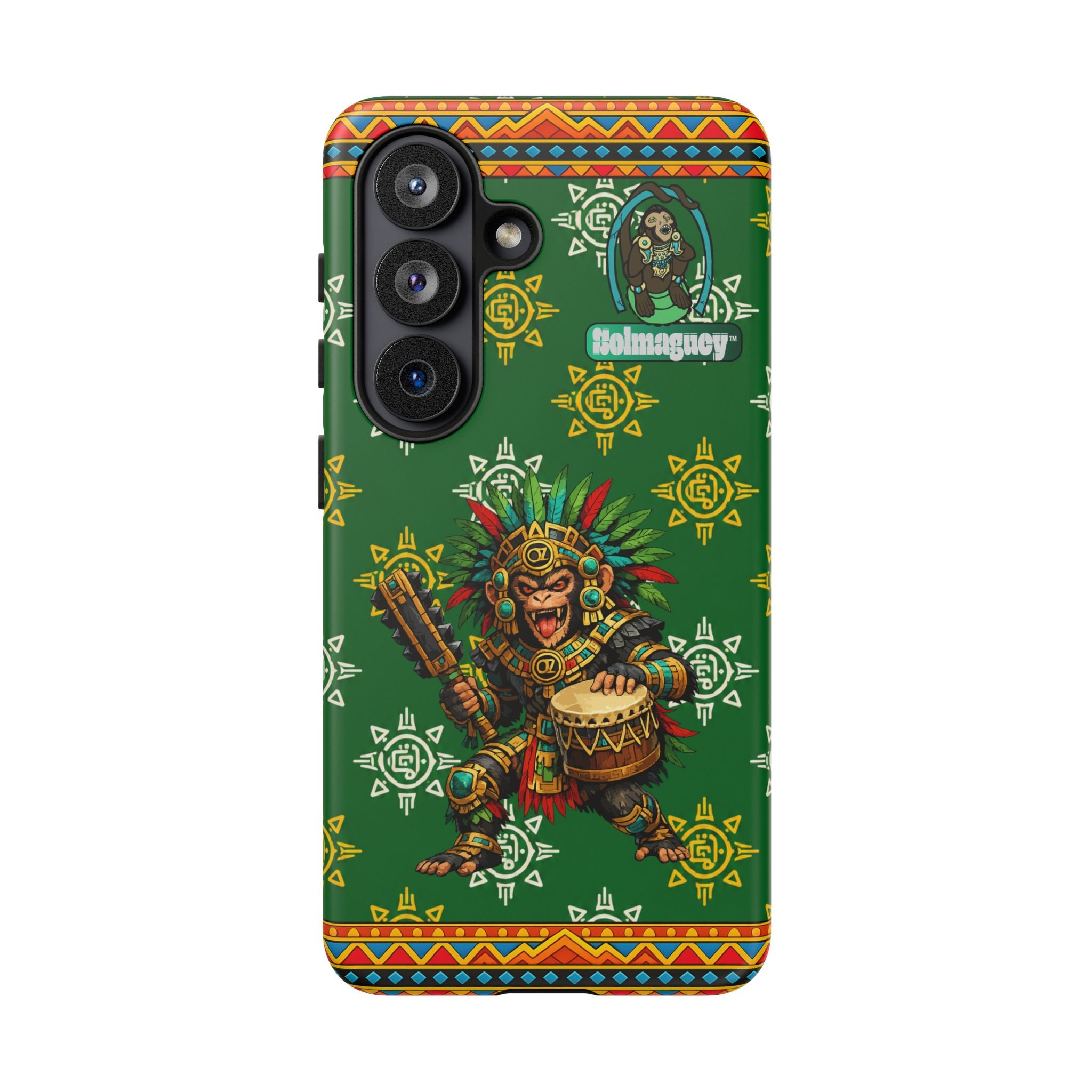 Aztec Monkey Warrior Tough Phone Case — Green Cultural Sun Pattern Protective Case