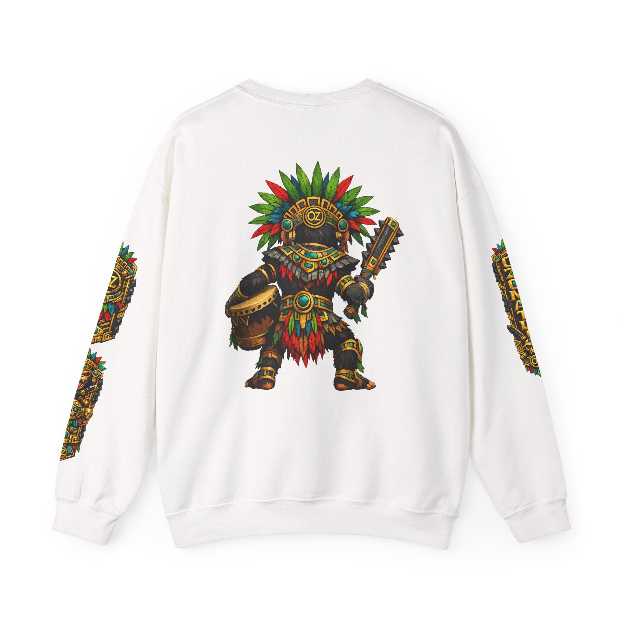 Aztec Tribal Monkey Drummer Crewneck Sweatshirt — Ozomatli Drum Warrior Design