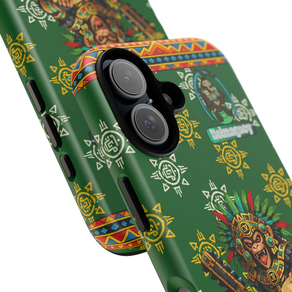 Aztec Monkey Warrior Tough Phone Case — Green Cultural Sun Pattern Protective Case