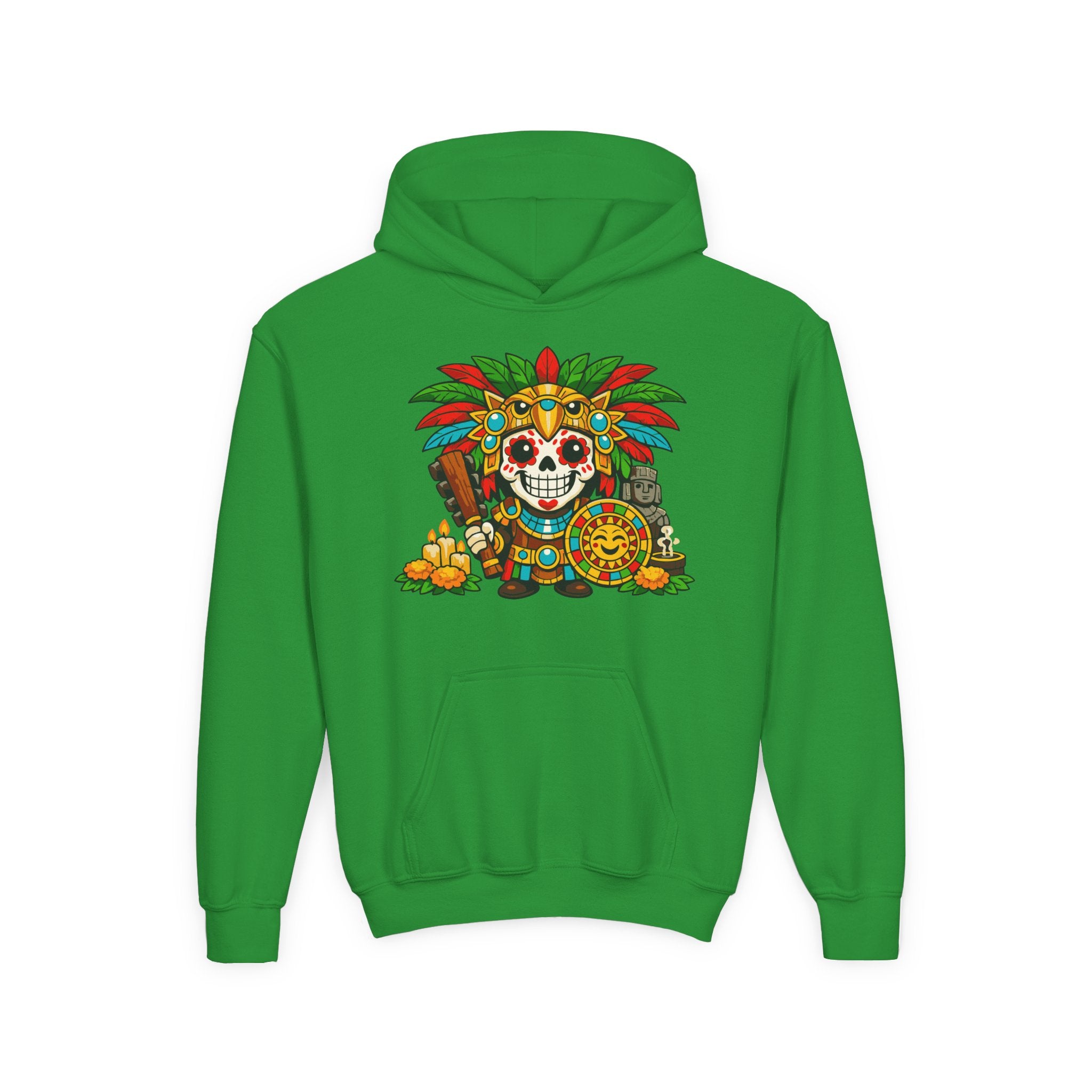 Youth Hoodie — Colorful Aztec Sugar Skull & Warrior Kids Pullover