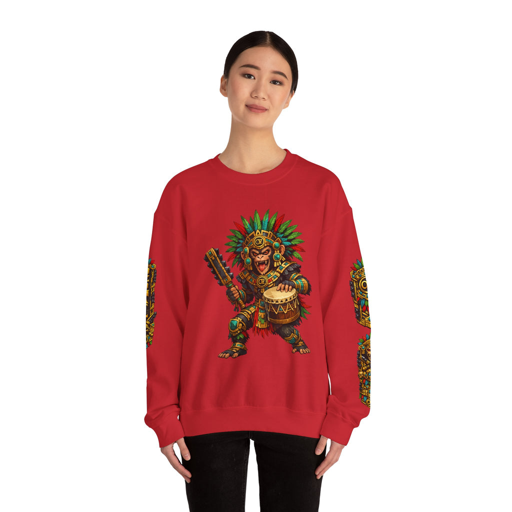 Aztec Tribal Monkey Drummer Crewneck Sweatshirt — Ozomatli Drum Warrior Design
