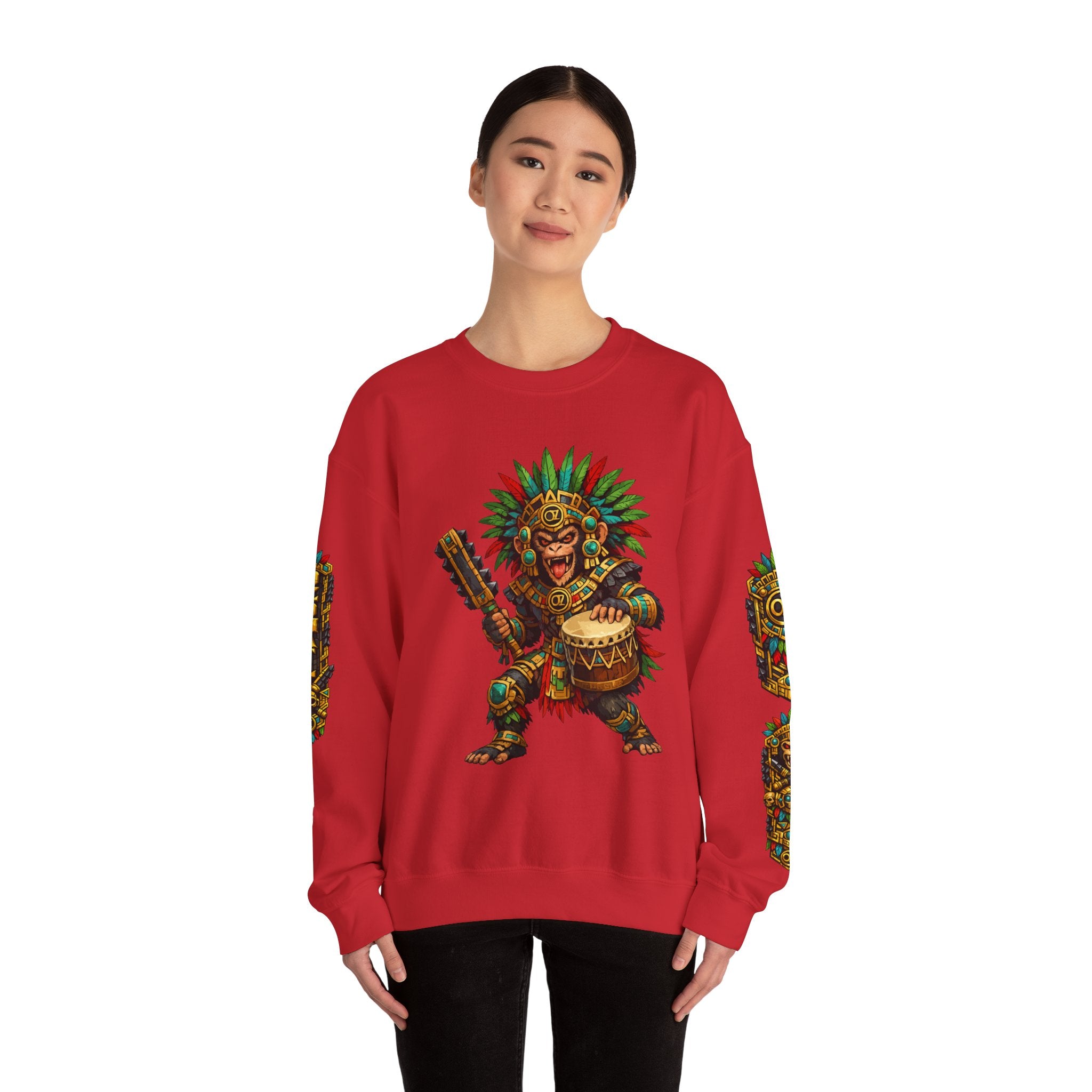 Aztec Tribal Monkey Drummer Crewneck Sweatshirt — Ozomatli Drum Warrior Design