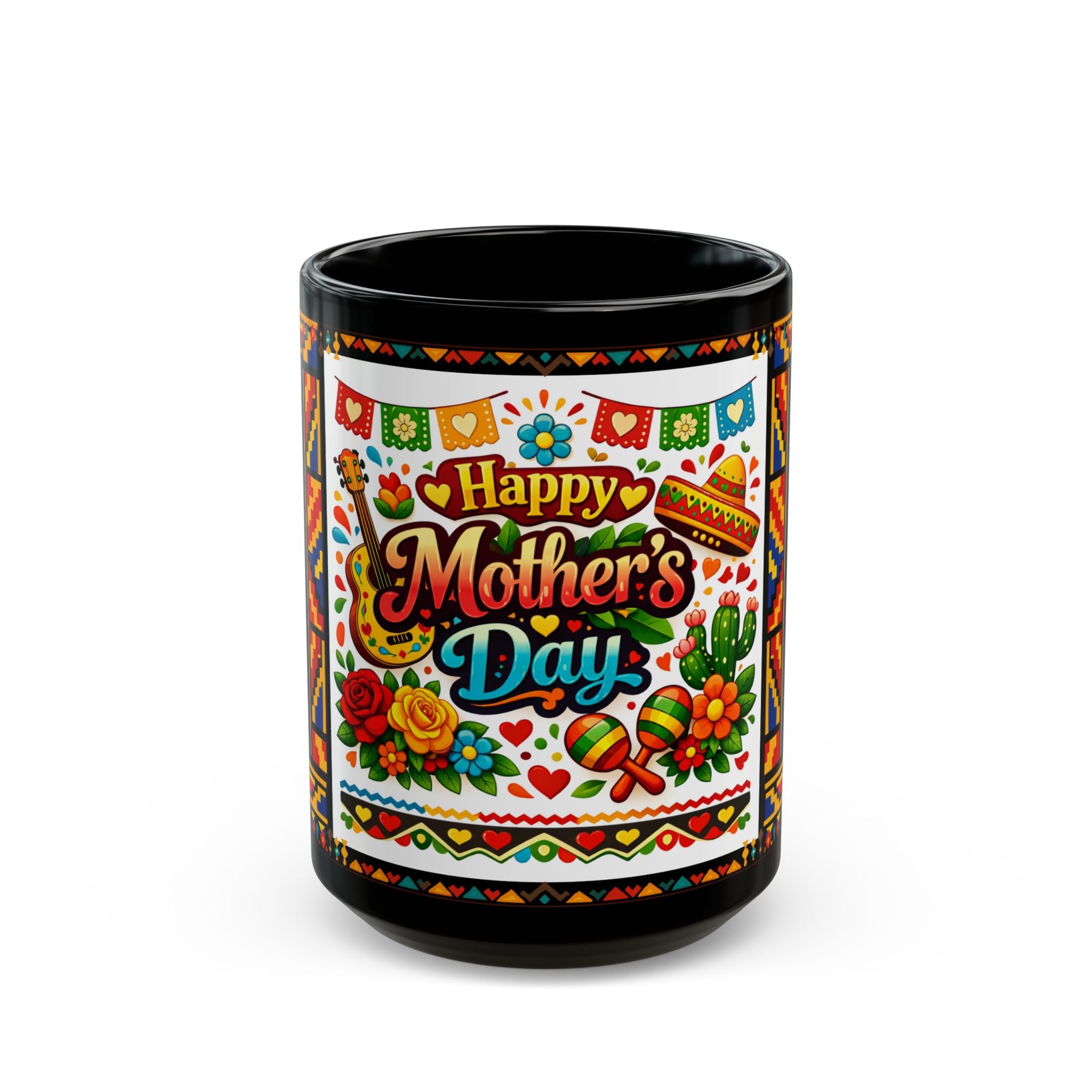 Happy Mother's Day Mexican Fiesta Mug — Colorful Floral & Sombrero Design (Black 11oz/15oz)