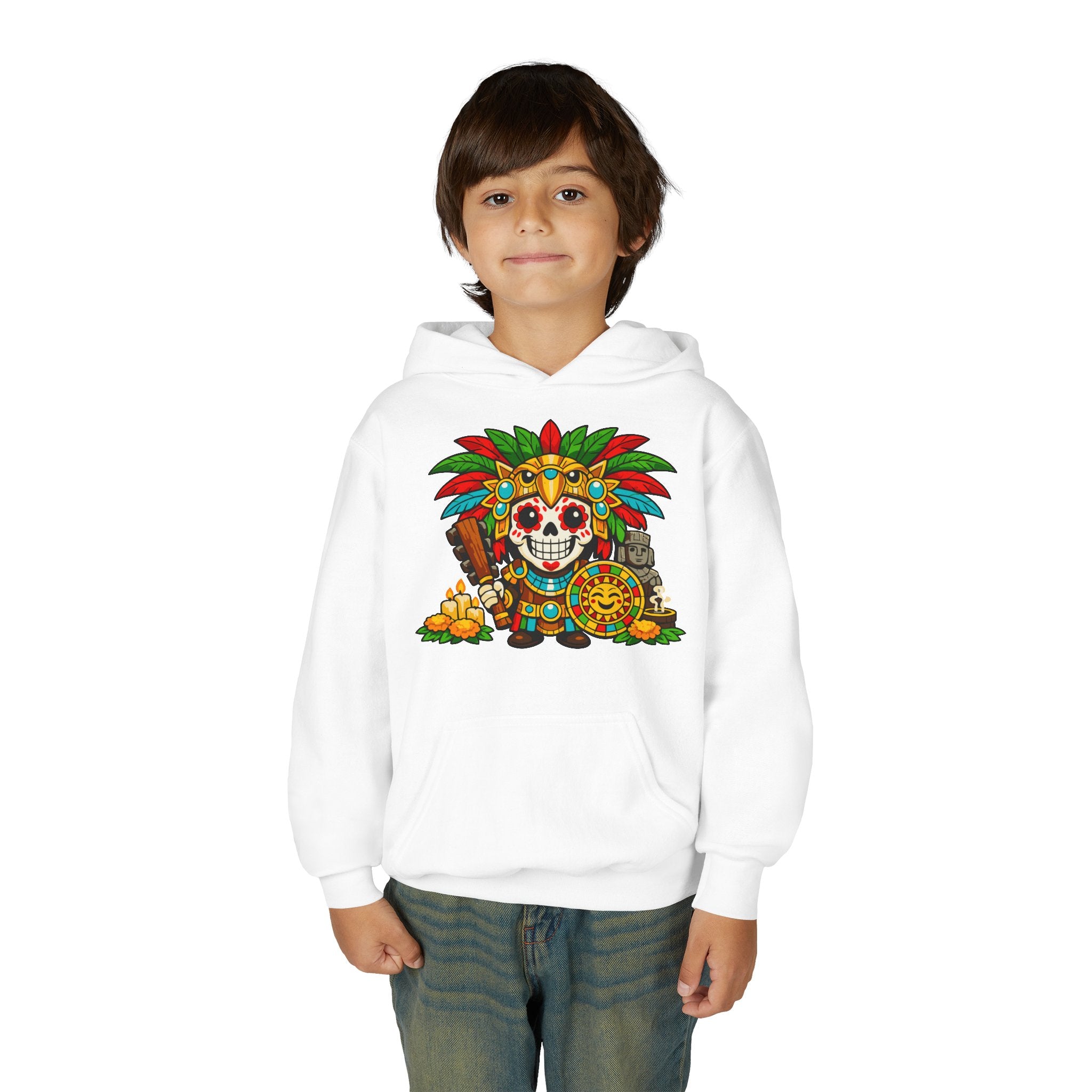 Youth Hoodie — Colorful Aztec Sugar Skull & Warrior Kids Pullover