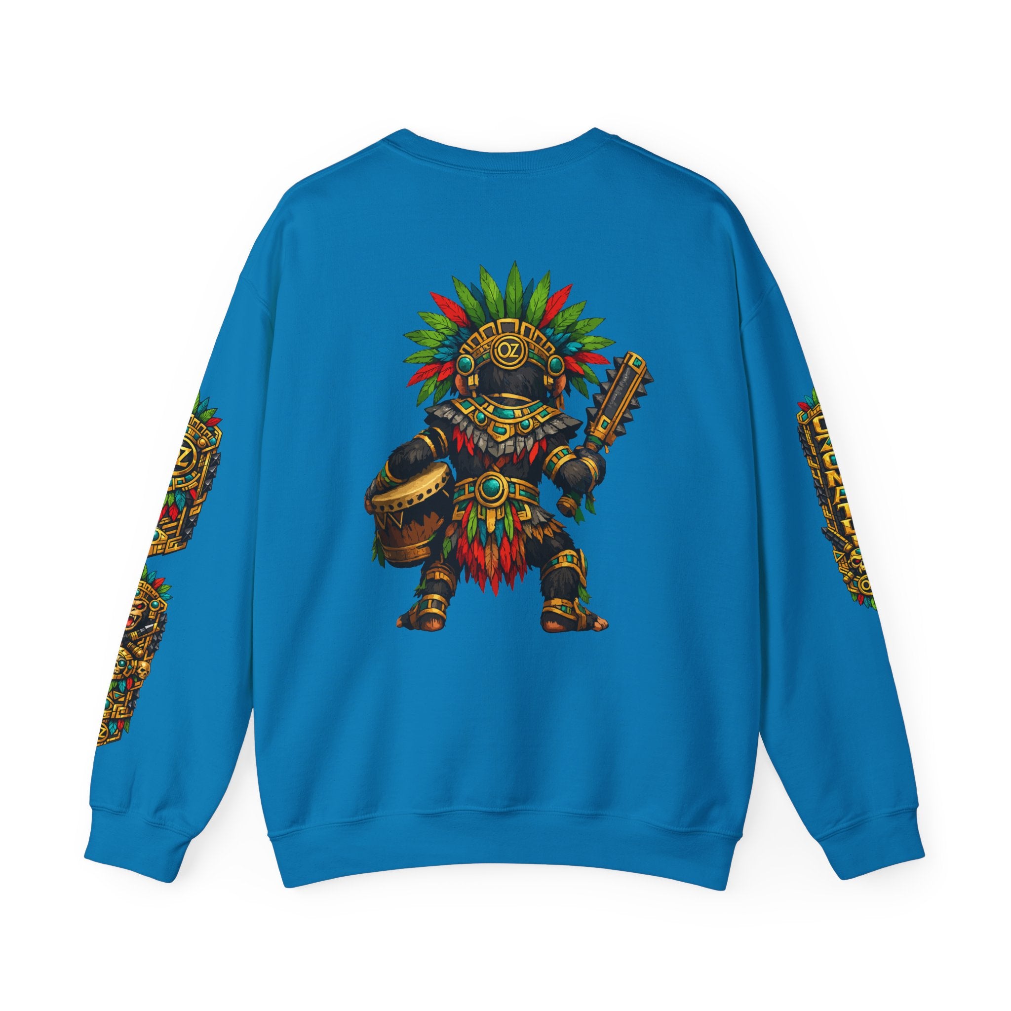 Aztec Tribal Monkey Drummer Crewneck Sweatshirt — Ozomatli Drum Warrior Design