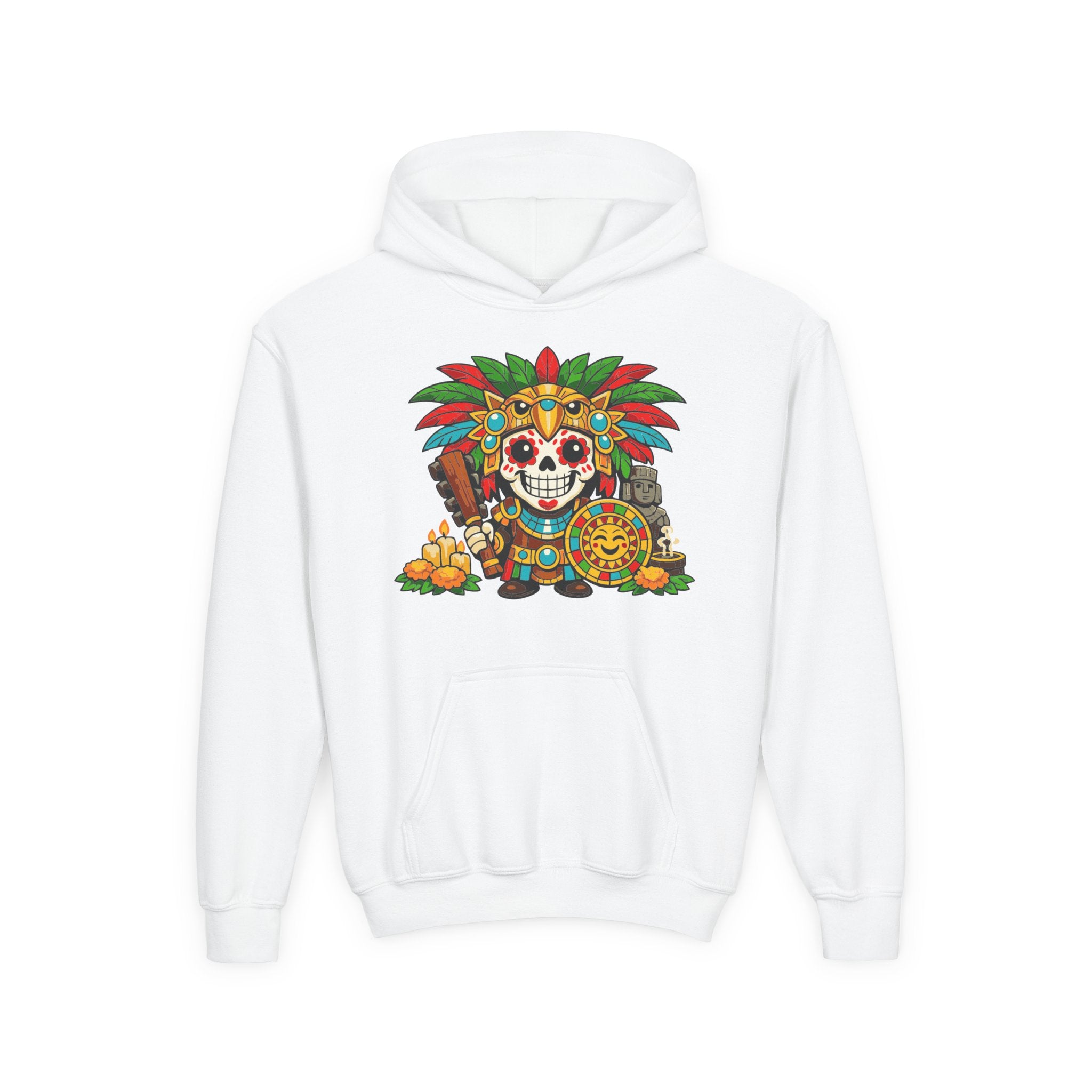 Youth Hoodie — Colorful Aztec Sugar Skull & Warrior Kids Pullover