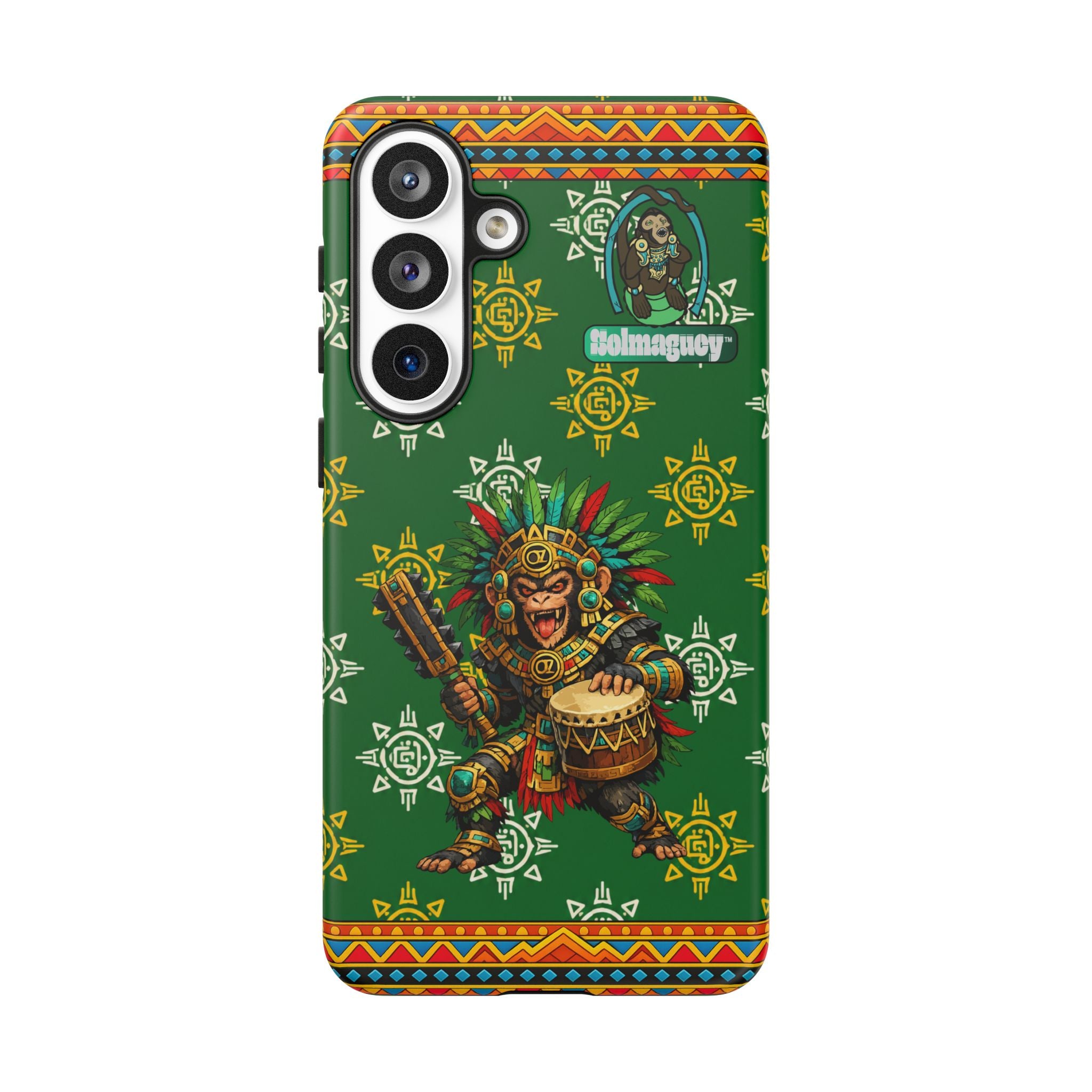 Aztec Monkey Warrior Tough Phone Case — Green Cultural Sun Pattern Protective Case