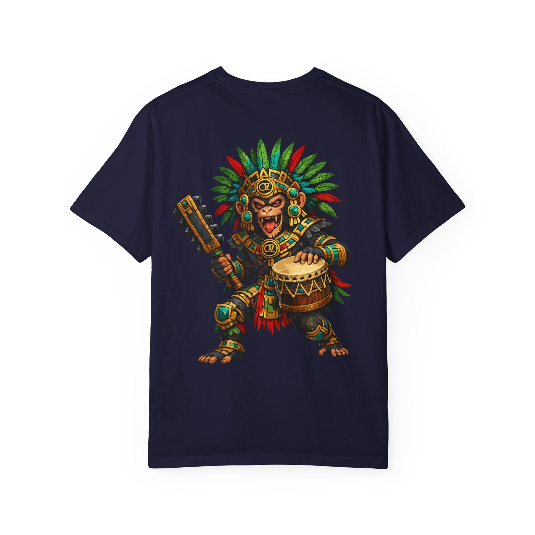 Aztec Monkey Warrior T-Shirt — Bold Warrior Emblem & Drum Warrior Back Design