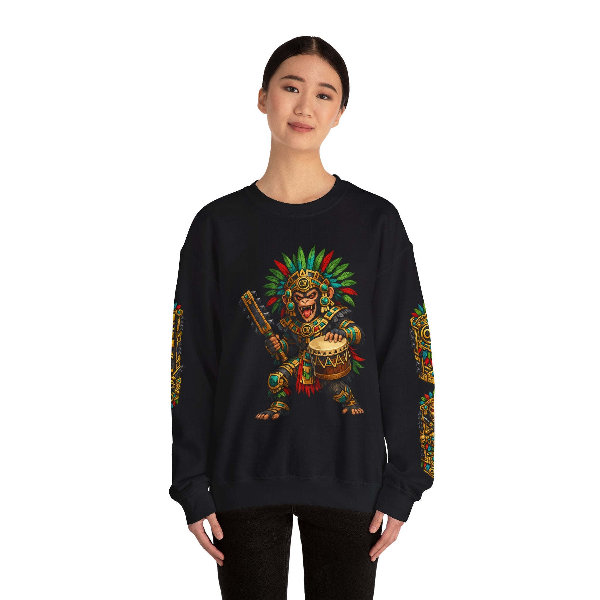 Aztec Tribal Monkey Drummer Crewneck Sweatshirt — Ozomatli Drum Warrior Design