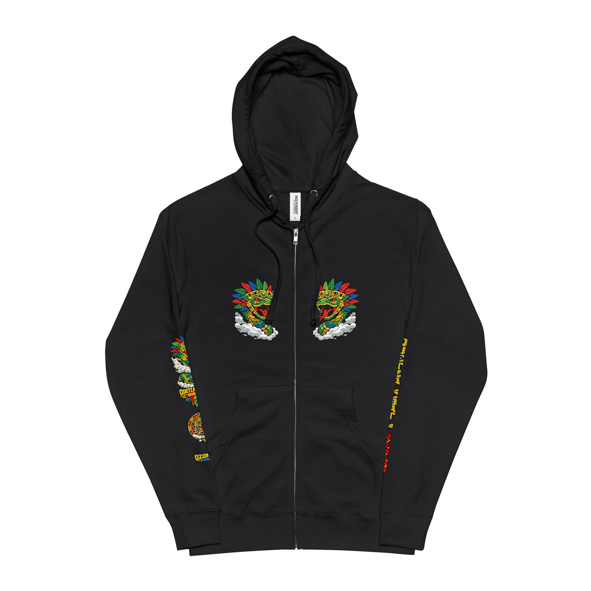 Quetzalcoatl Aztec Zip-Up Hoodie — Colorful Serpent & Calendar Design