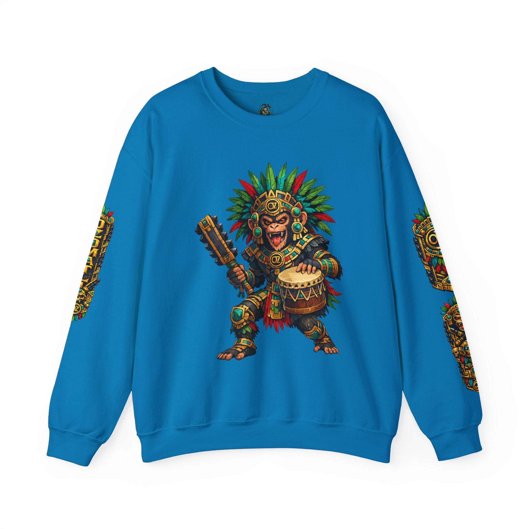 Aztec Tribal Monkey Drummer Crewneck Sweatshirt — Ozomatli Drum Warrior Design